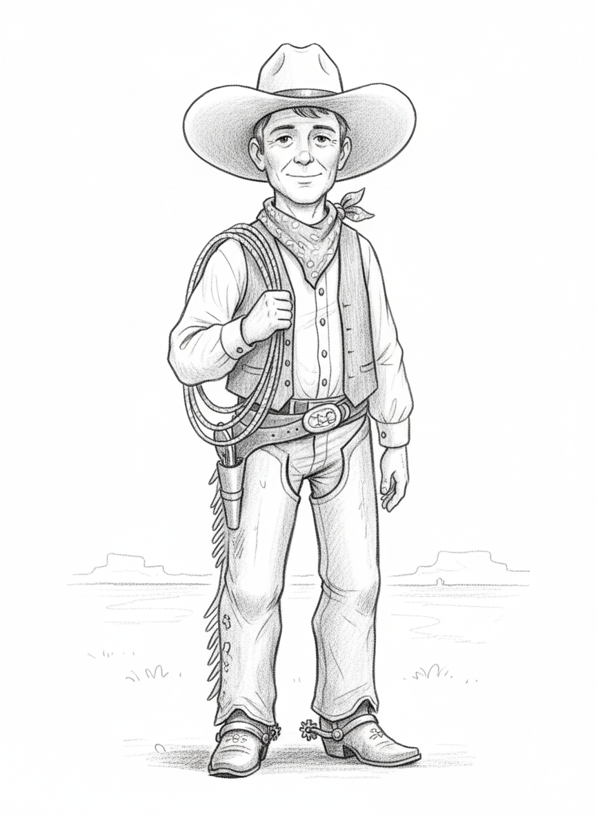 Buck the Cowboy - Black & White Illustration