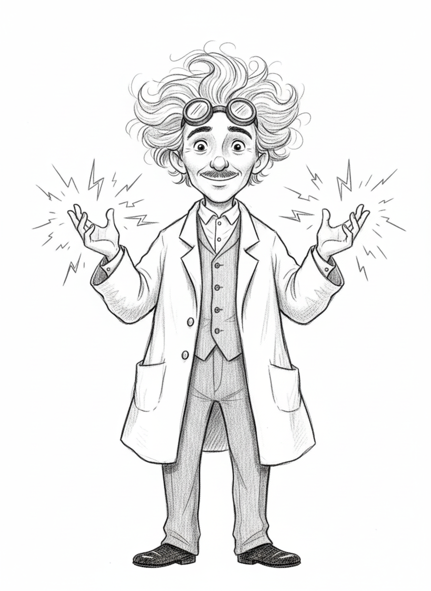 Professor Tesla the Scientist - Black & White Illustration