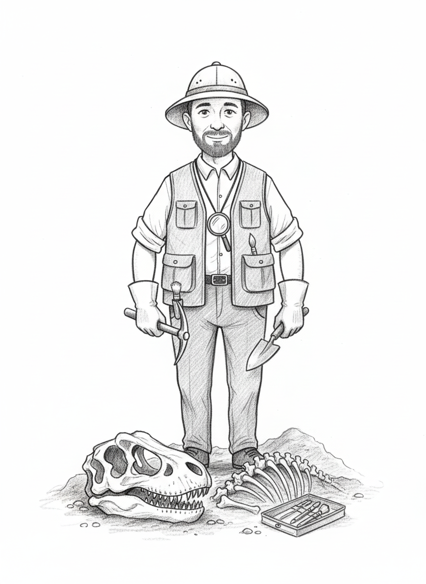 Dr. Bones the Paleontologist - Black & White Illustration