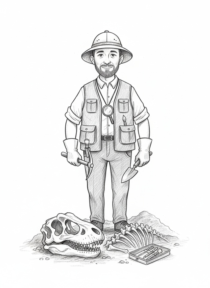 Dr. Bones the Paleontologist in Gentle Pencil - Black & White Illustration