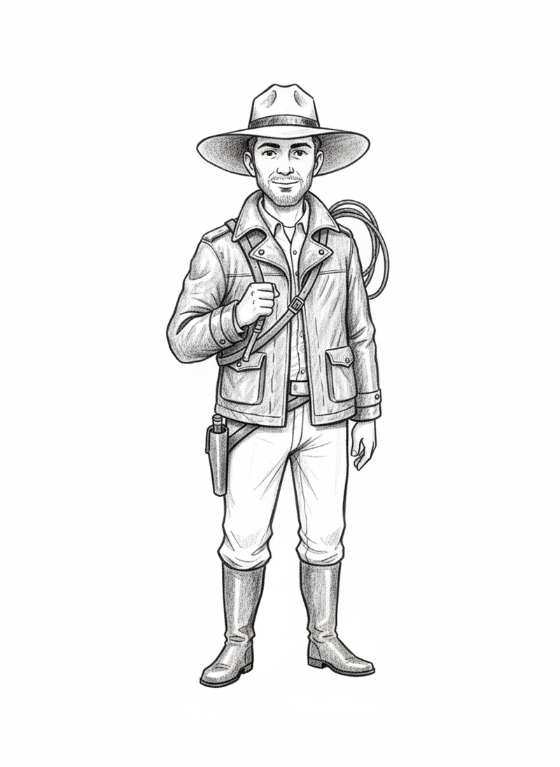 Silas Drake the Archaeologist in Gentle Pencil - Black & White Illustration