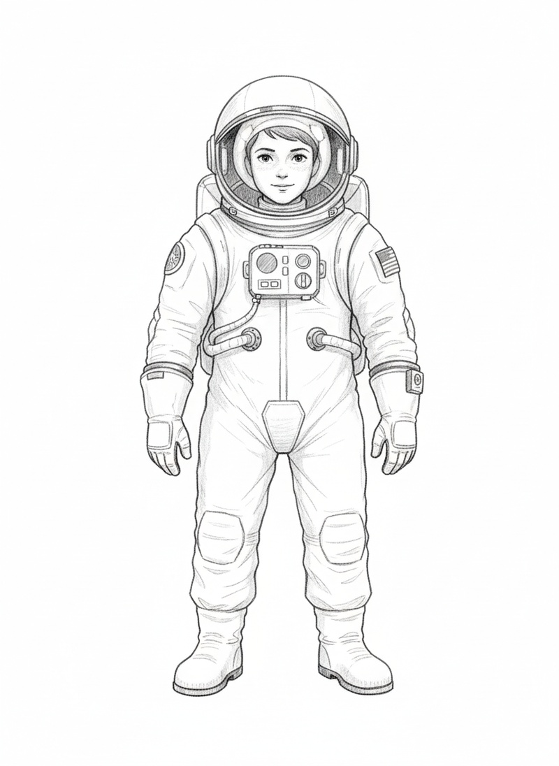 Captain Nova the Astronaut in Gentle Pencil - Black & White Illustration