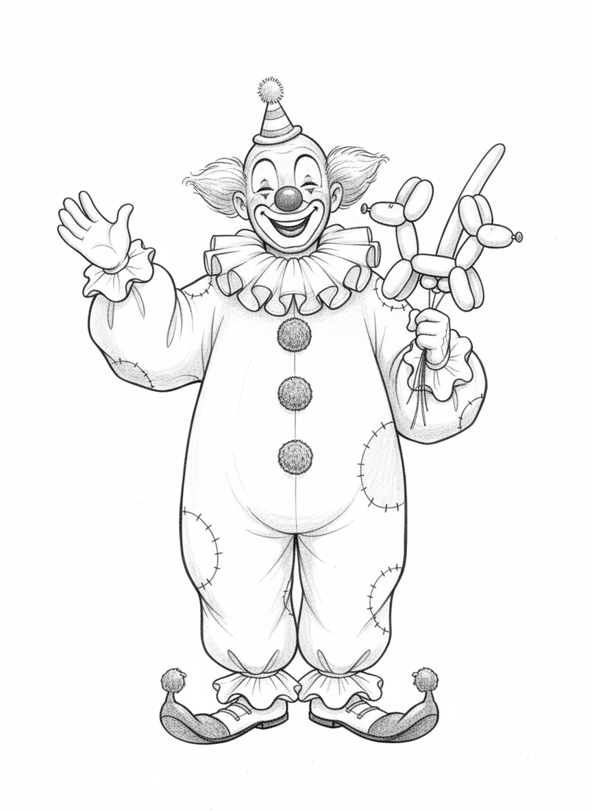 Giggles the Friendly Clown - Black & White Illustration