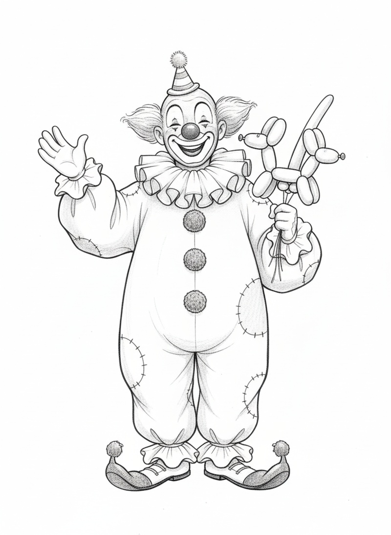 Giggles the Friendly Clown in Gentle Pencil - Black & White Illustration
