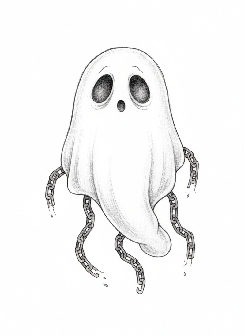 Spook the Scary Ghost in Gentle Pencil - Black & White Illustration
