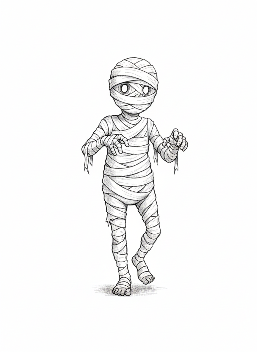 Bandages the Mummy - Black & White Illustration