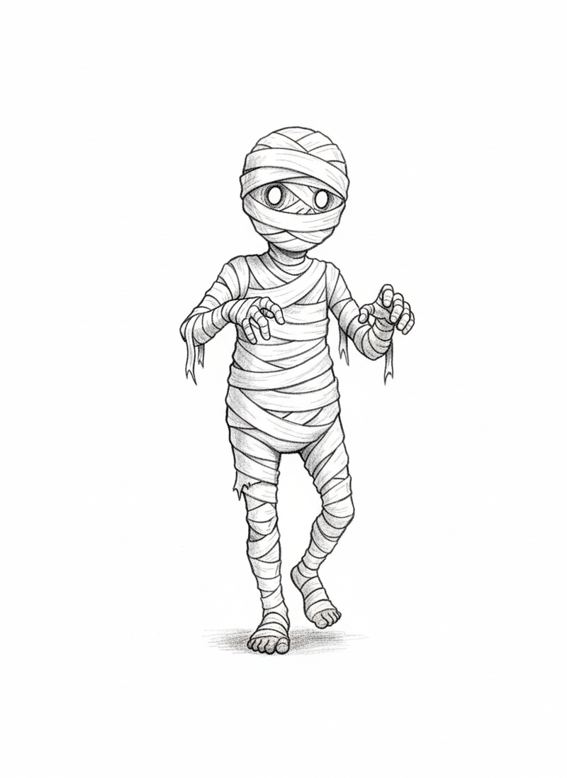 Bandages the Mummy in Gentle Pencil - Black & White Illustration