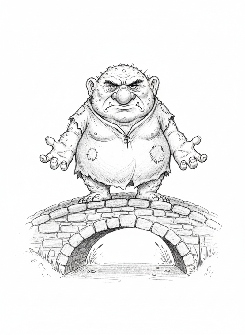 Grunch the Troll in Gentle Pencil - Black & White Illustration