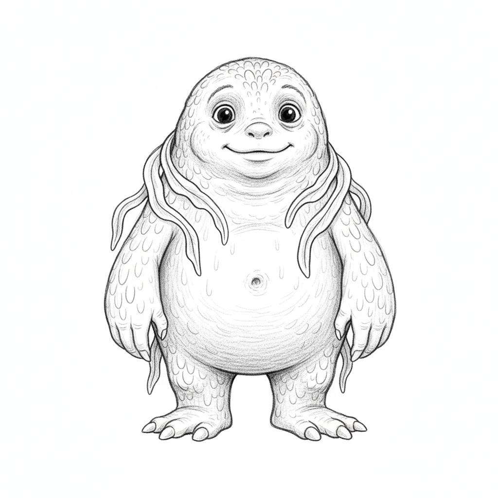 Greenie the Swamp Monster - Black & White Illustration