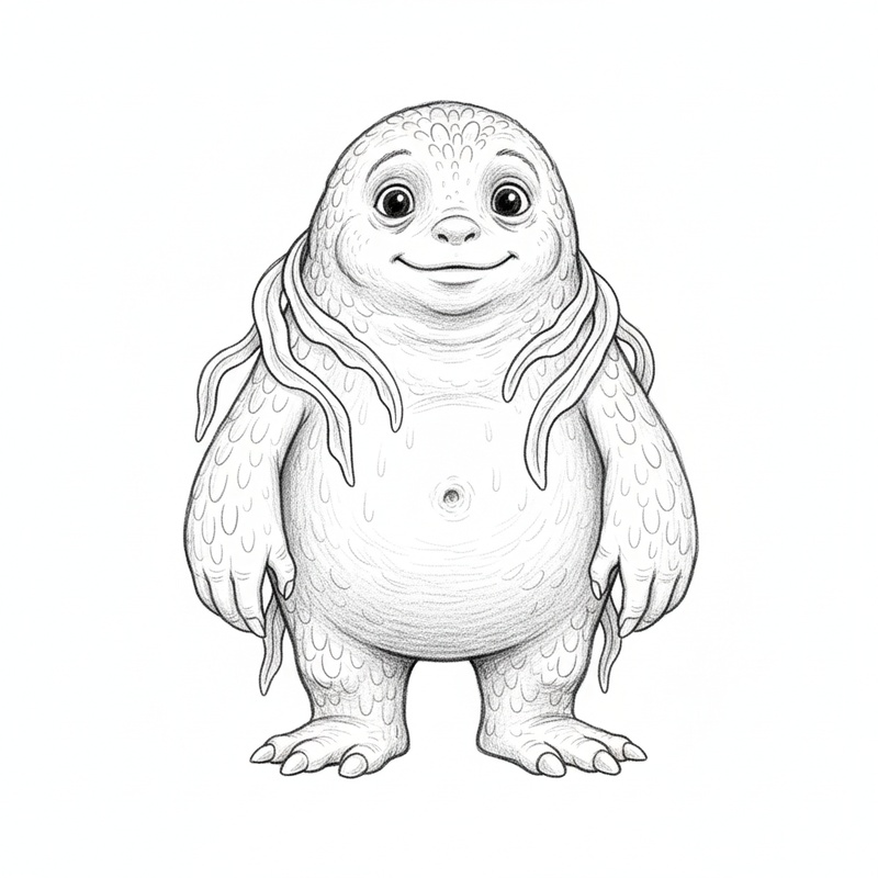 Greenie the Swamp Monster in Gentle Pencil - Black & White Illustration