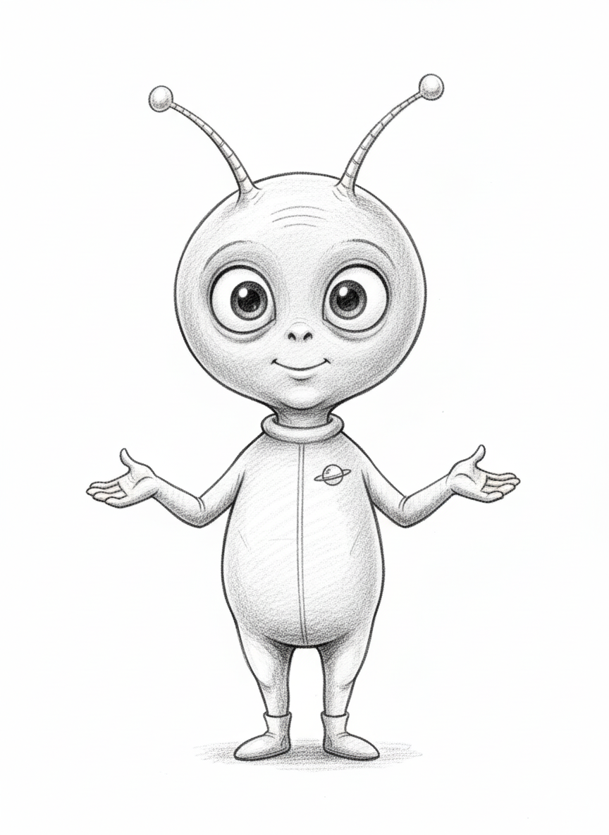 Zorg the Alien Explorer - Black & White Illustration