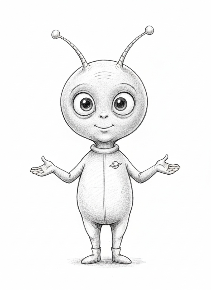 Zorg the Alien Explorer in Gentle Pencil - Black & White Illustration