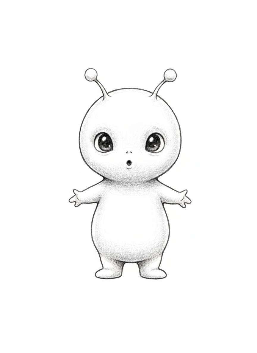 Blip the Small Alien - Black & White Illustration