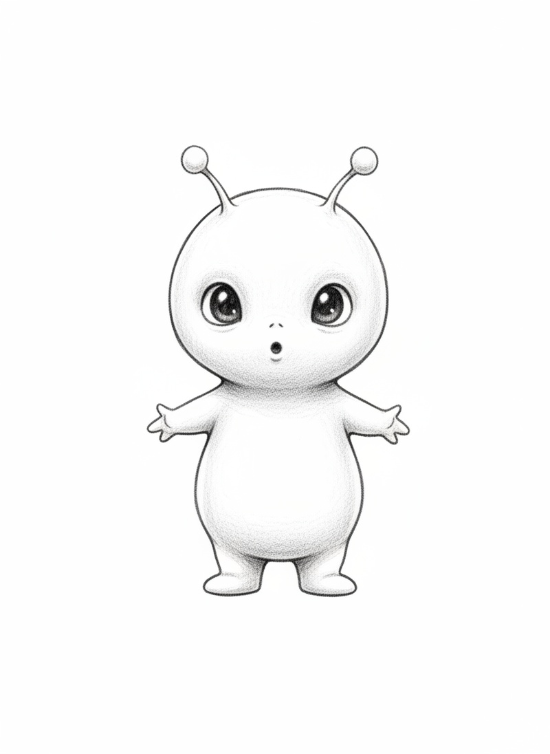 Blip the Small Alien in Gentle Pencil - Black & White Illustration