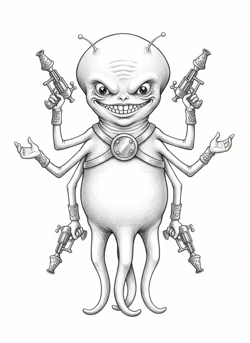 Invader the Villain Alien - Black & White Illustration
