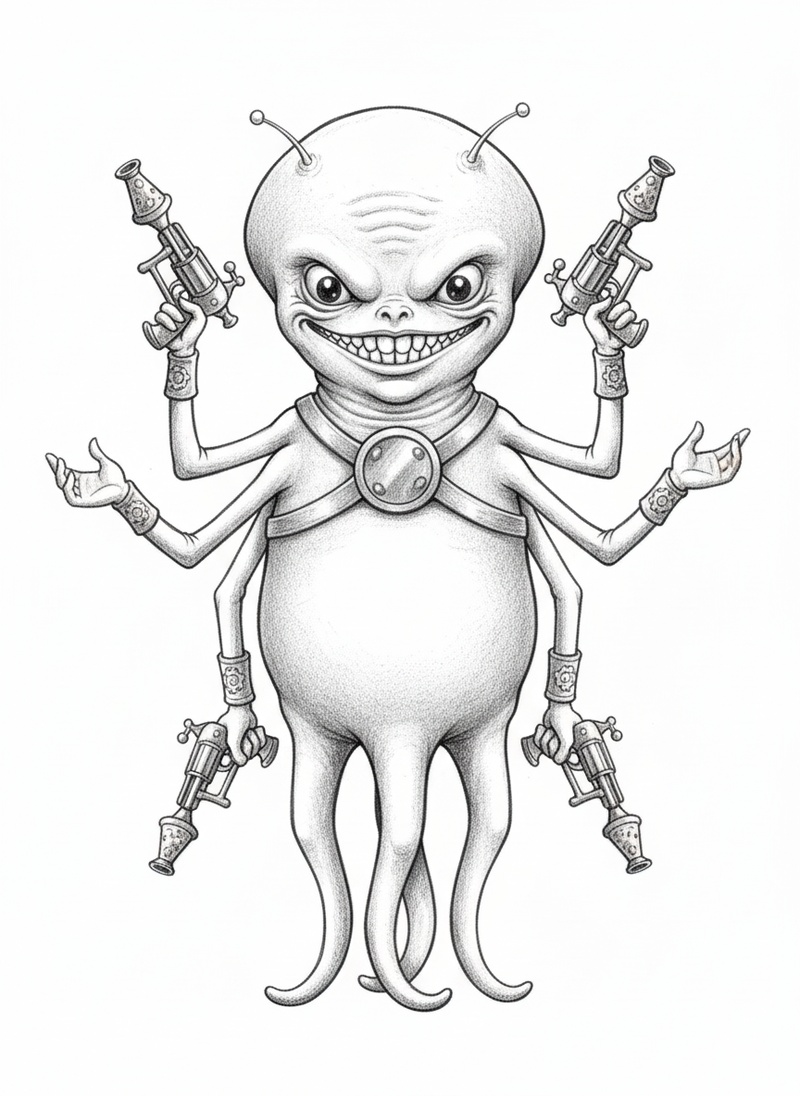 Invader the Villain Alien in Gentle Pencil - Black & White Illustration