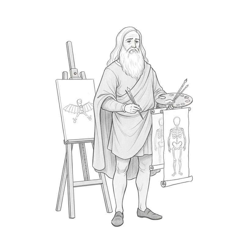 Leonardo the Renaissance Artist in Gentle Pencil - Black & White Illustration
