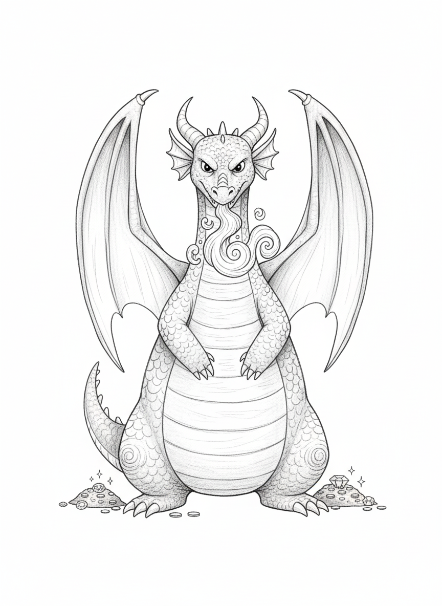 Ember the Fierce Dragon - Black & White Illustration