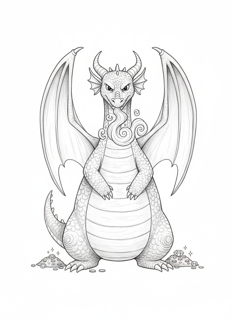Ember the Fierce Dragon in Gentle Pencil - Black & White Illustration