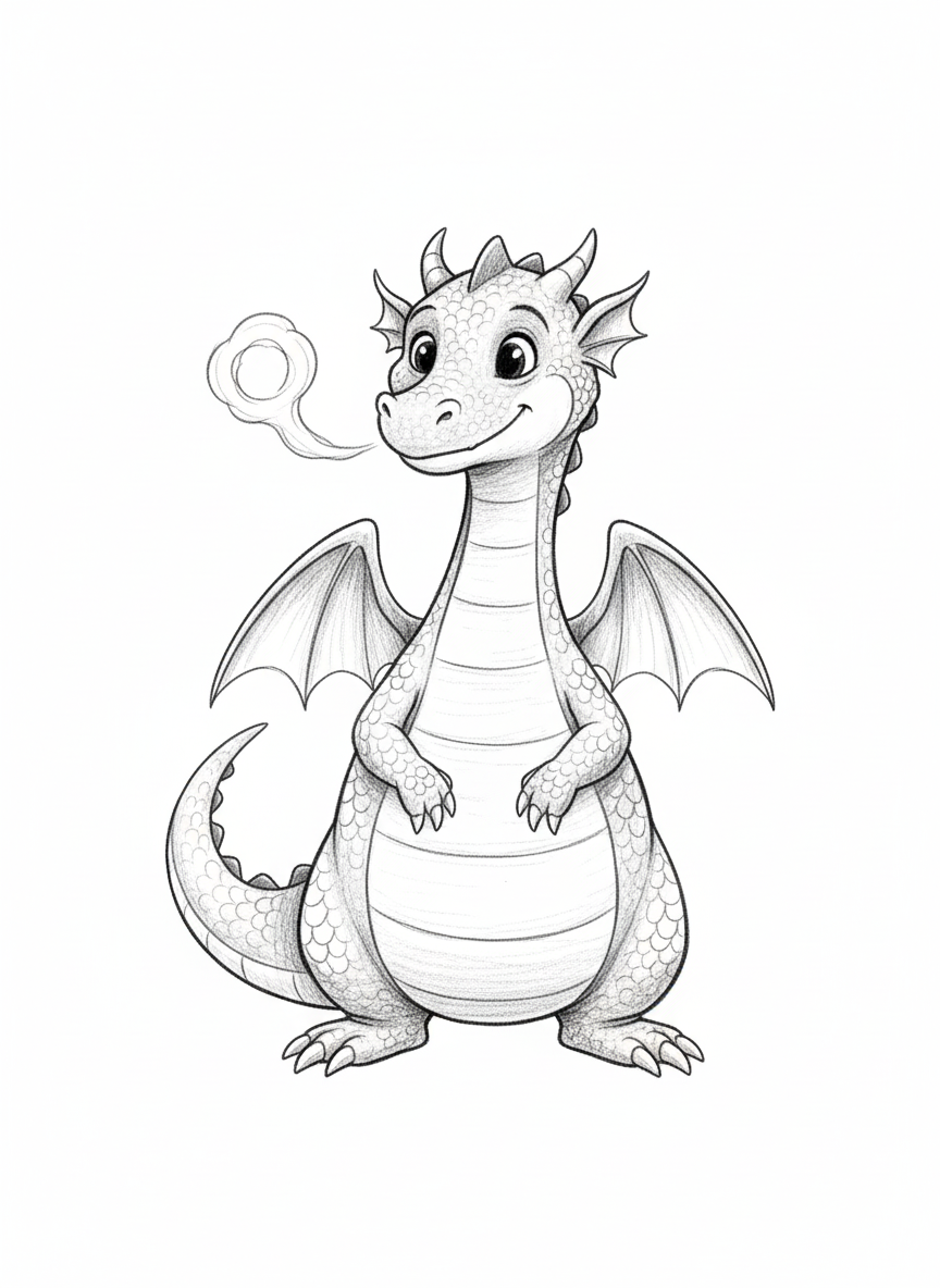 Puff the Friendly Dragon - Black & White Illustration