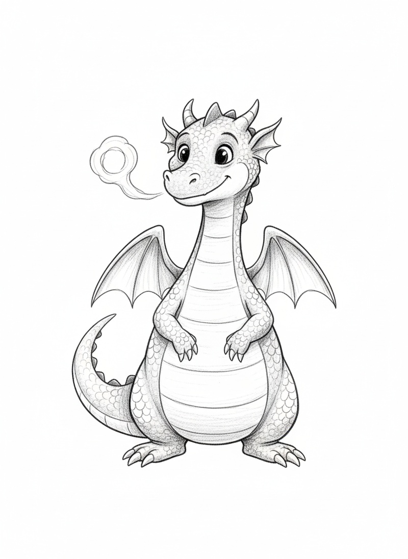 Puff the Friendly Dragon in Gentle Pencil - Black & White Illustration