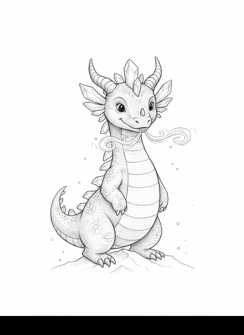 Frostbite the Ice Dragon in Gentle Pencil - Black & White Illustration