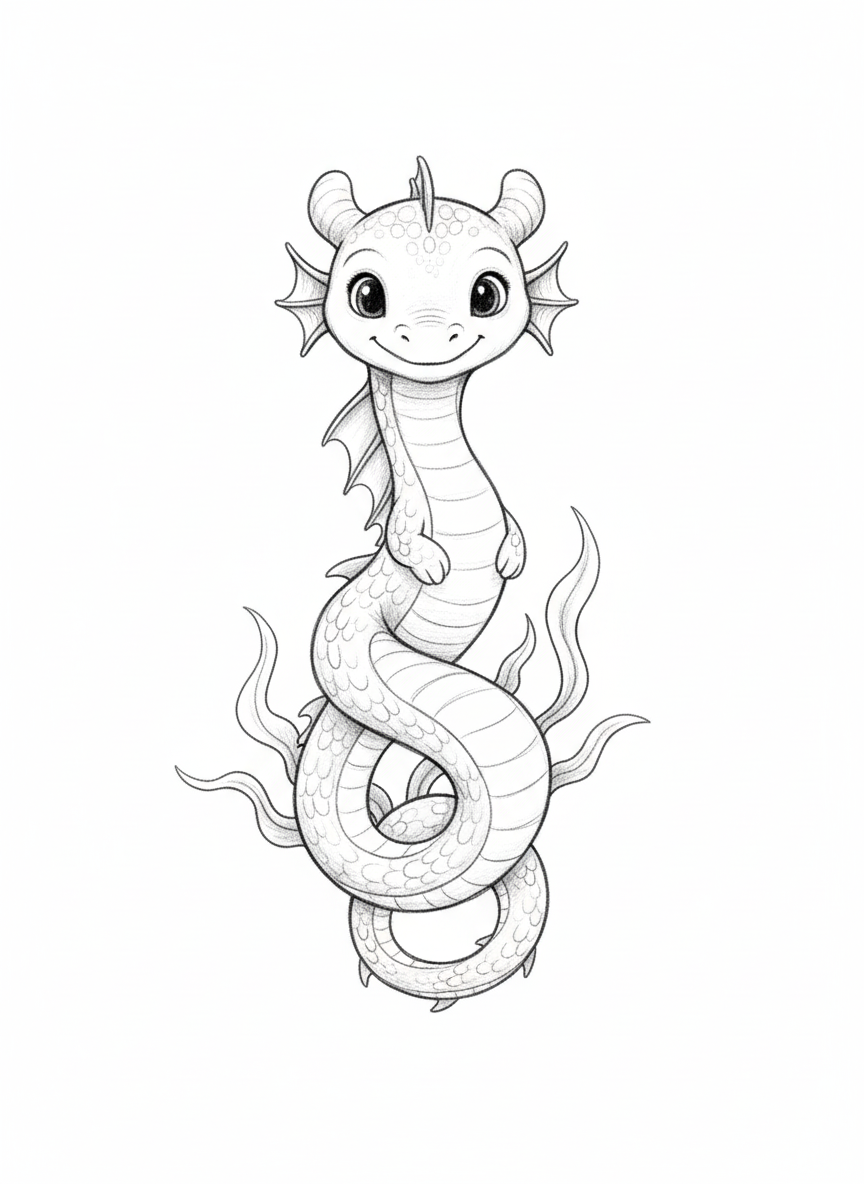 Splash the Water Dragon - Black & White Illustration