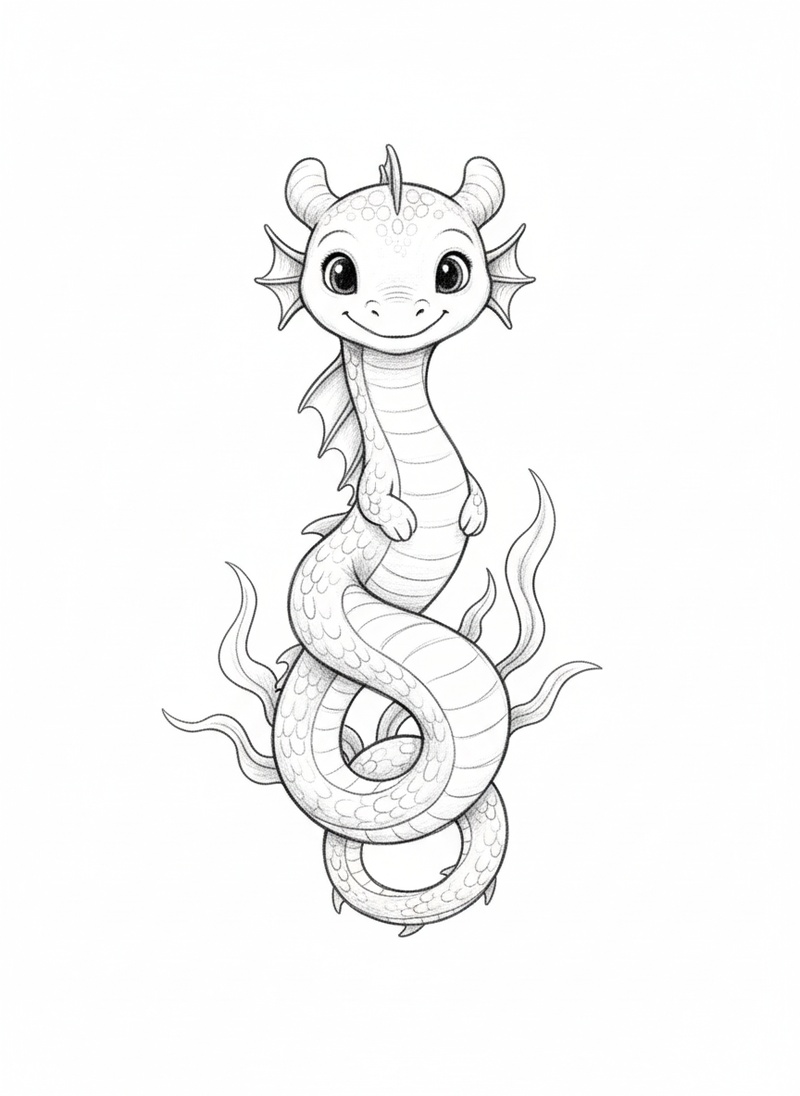 Splash the Water Dragon in Gentle Pencil - Black & White Illustration