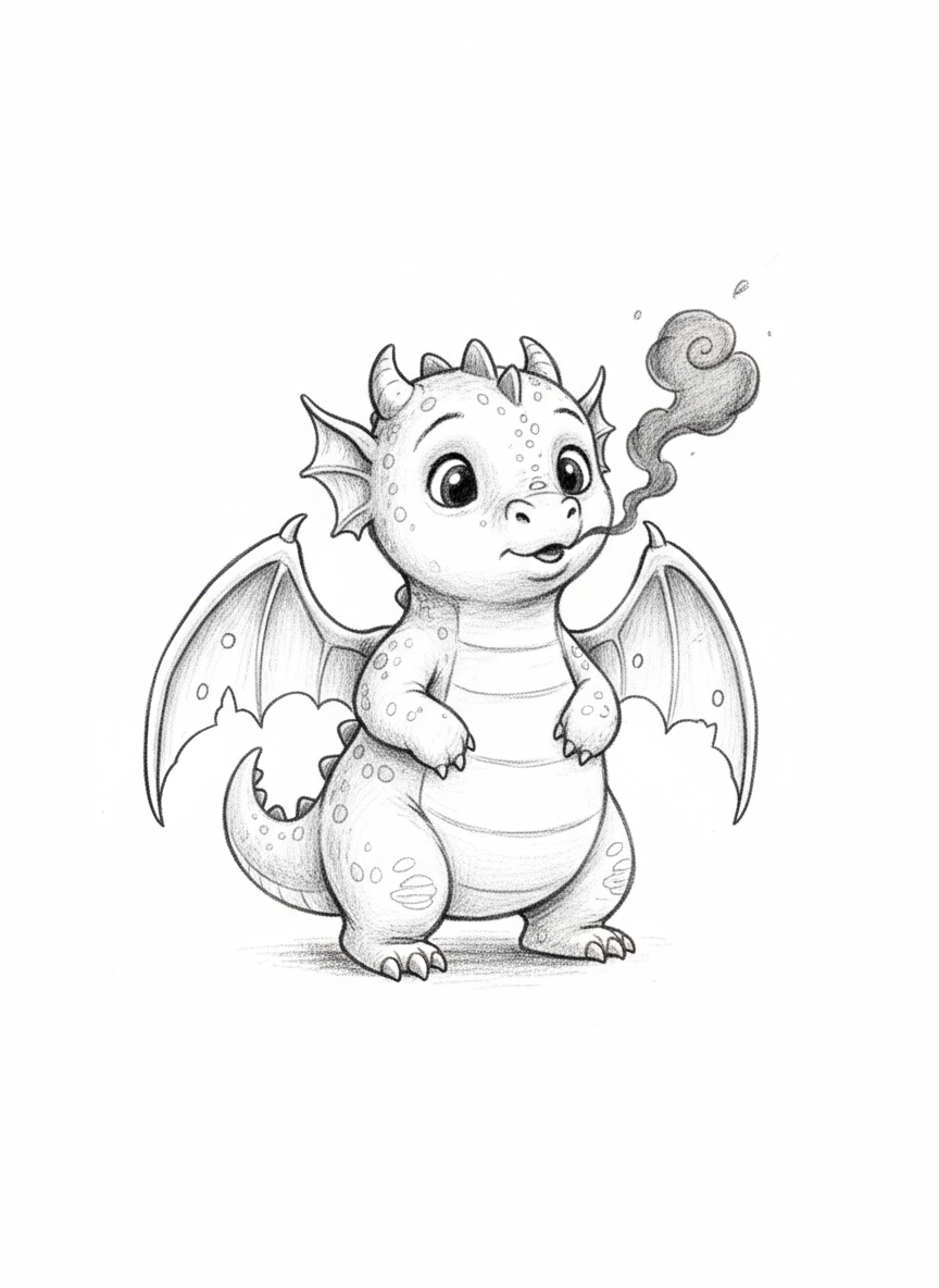 Baby Spark the Dragon Hatchling - Black & White Illustration