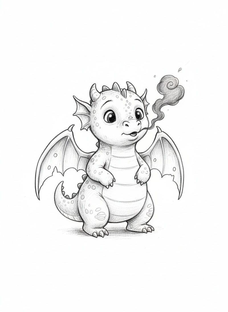 Baby Spark the Dragon Hatchling in Gentle Pencil - Black & White Illustration