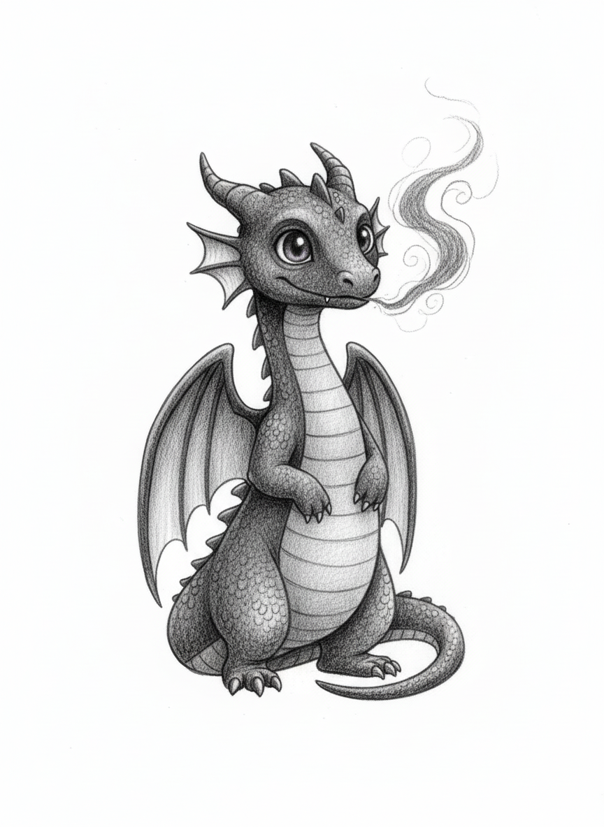 Shadow the Night Dragon - Black & White Illustration