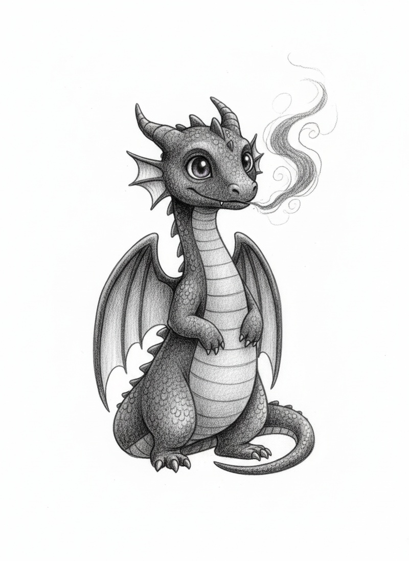 Shadow the Night Dragon in Gentle Pencil - Black & White Illustration