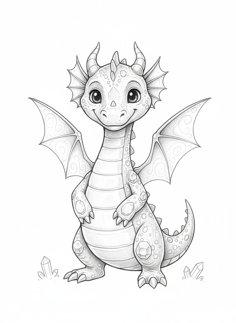 Gemstone the Crystal Dragon in Gentle Pencil - Black & White Illustration