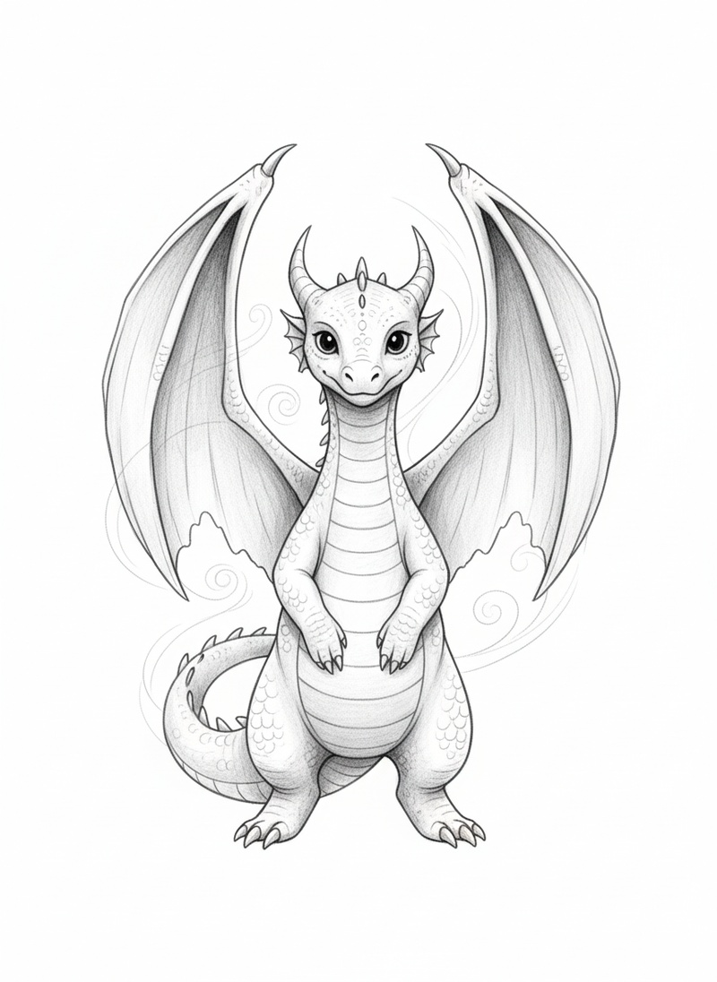 Zephyr the Wind Dragon in Gentle Pencil - Black & White Illustration
