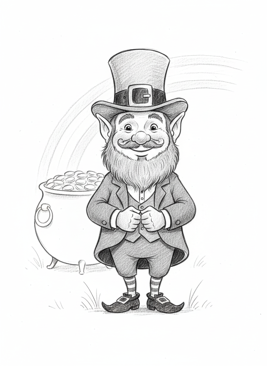 Lucky the Leprechaun - Black & White Illustration
