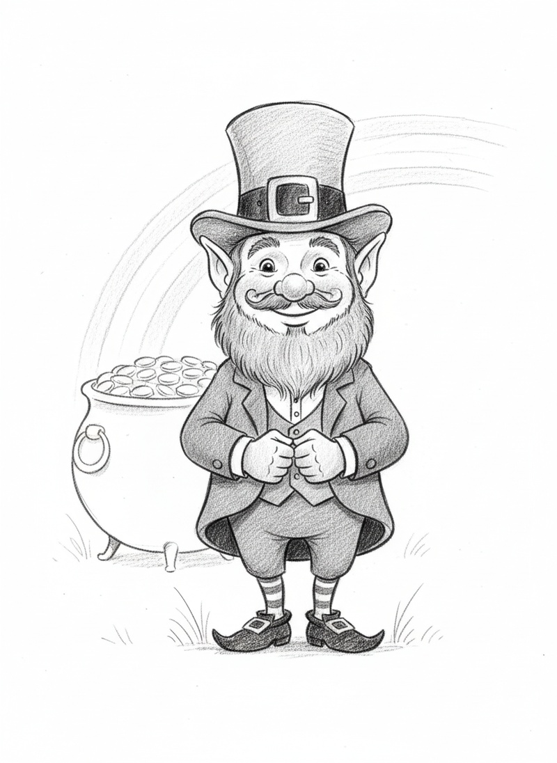 Lucky the Leprechaun in Gentle Pencil - Black & White Illustration