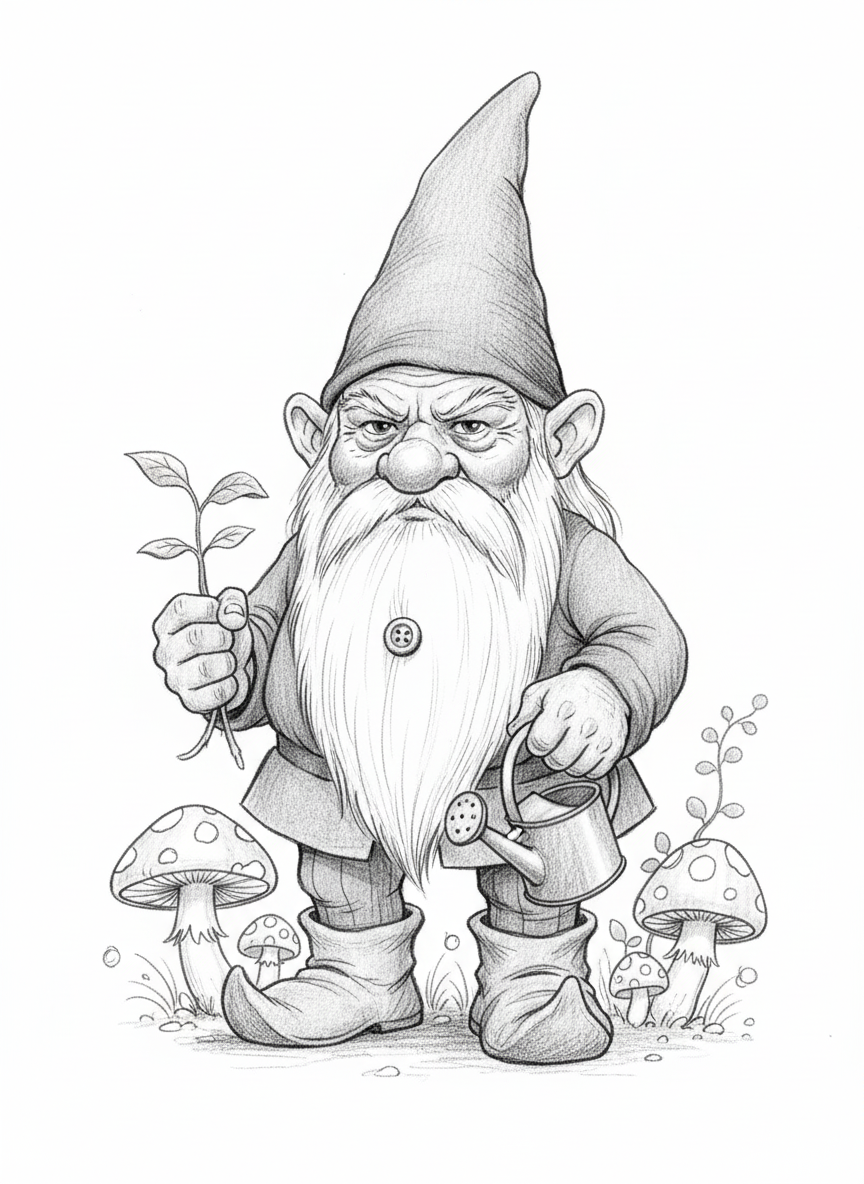 Bramble the Garden Gnome - Black & White Illustration