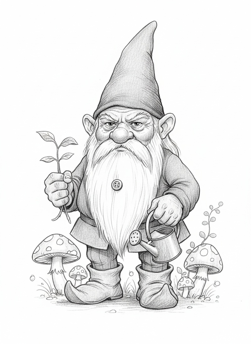 Bramble the Garden Gnome in Gentle Pencil - Black & White Illustration