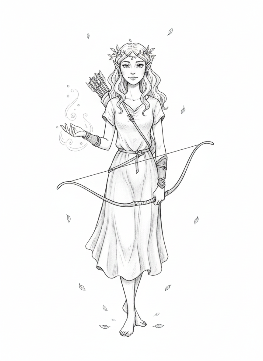 Willow the Wood Elf - Black & White Illustration