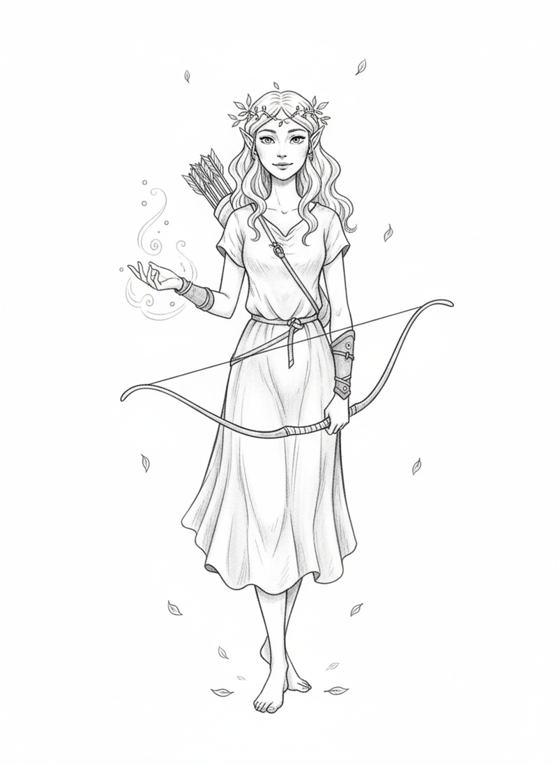 Willow the Wood Elf in Gentle Pencil - Black & White Illustration