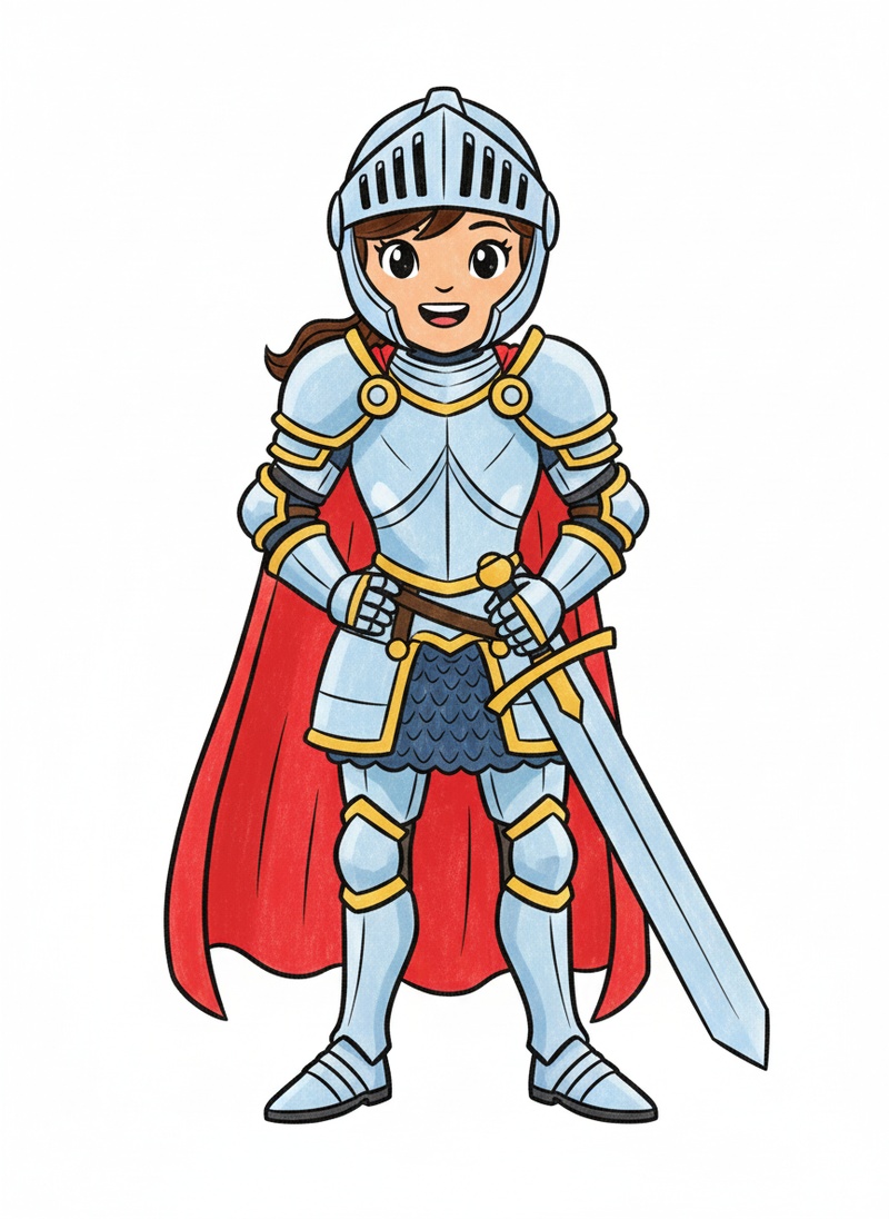 Lady Steel the Female Knight in Classic Coloring Book - Full Colored Illustration