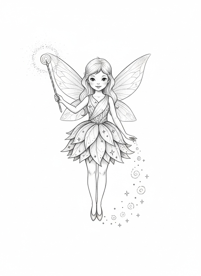 Sparkle the Fairy in Gentle Pencil - Black & White Illustration