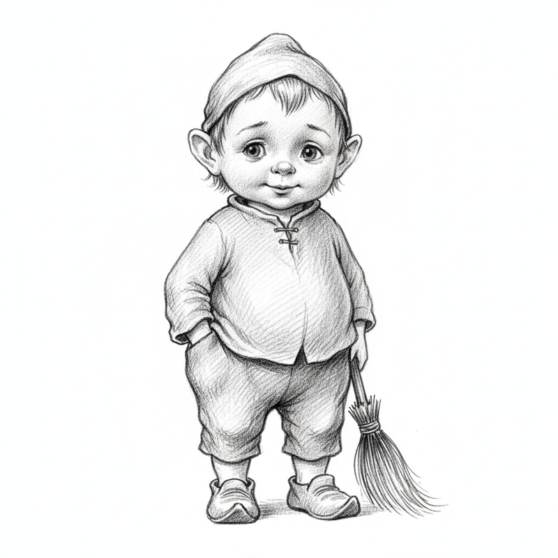 Cobweb the Brownie in Gentle Pencil - Black & White Illustration