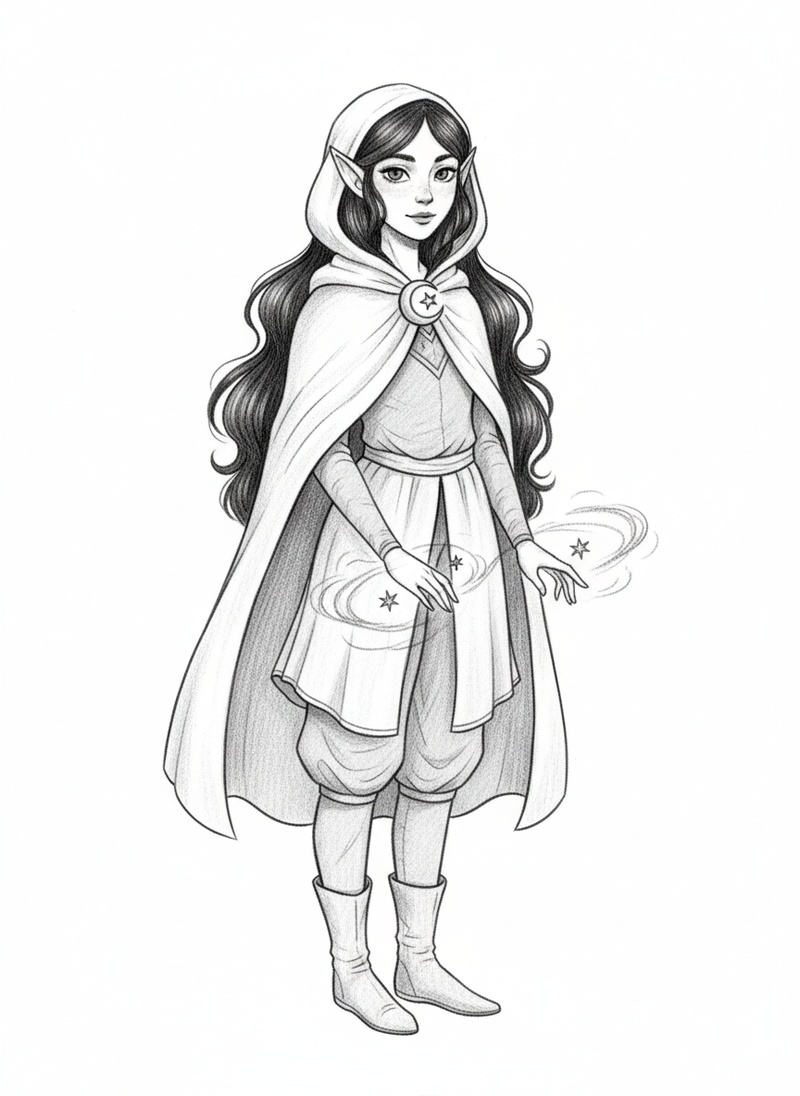 Thorn the Dark Elf in Gentle Pencil - Black & White Illustration