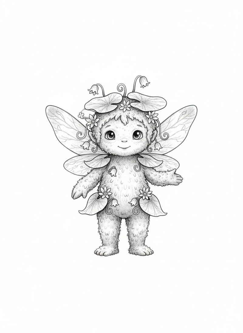 Mossy the Swamp Sprite in Gentle Pencil - Black & White Illustration