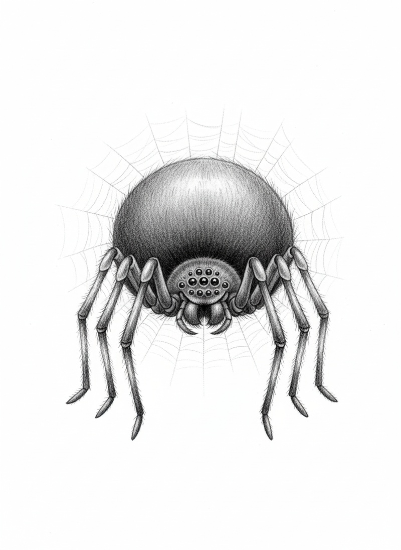 Creepy the Scary Spider in Gentle Pencil - Black & White Illustration
