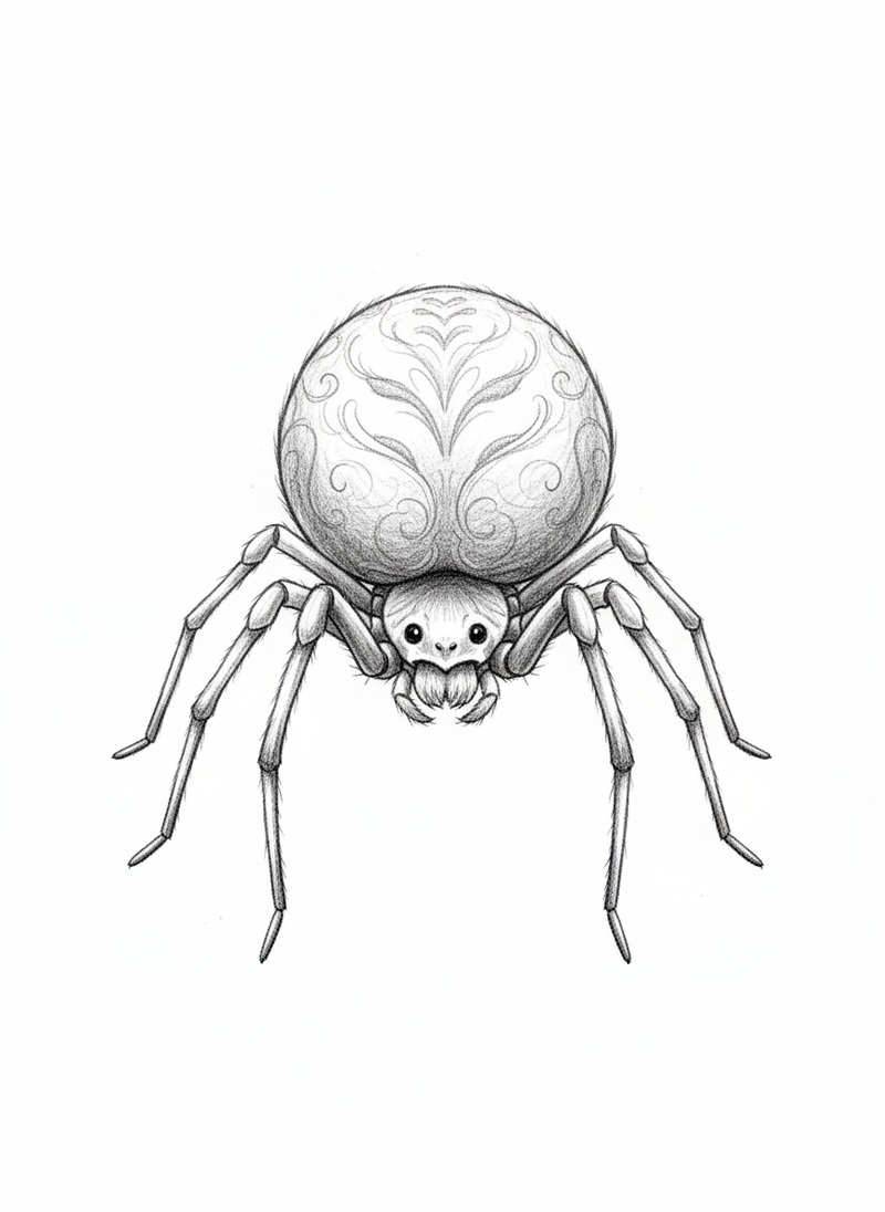 Charlotte the Helpful Spider in Gentle Pencil - Black & White Illustration