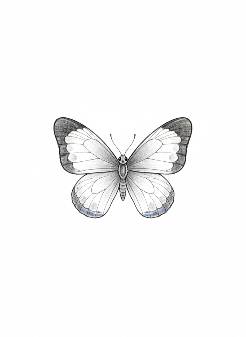 Flutter the Butterfly in Gentle Pencil - Black & White Illustration