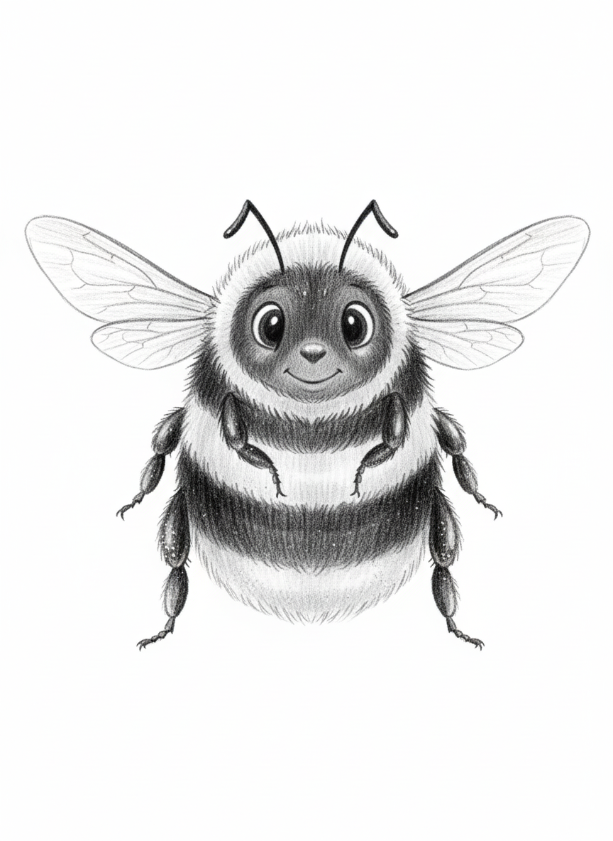Buzz the Busy Bee - Black & White Illustration