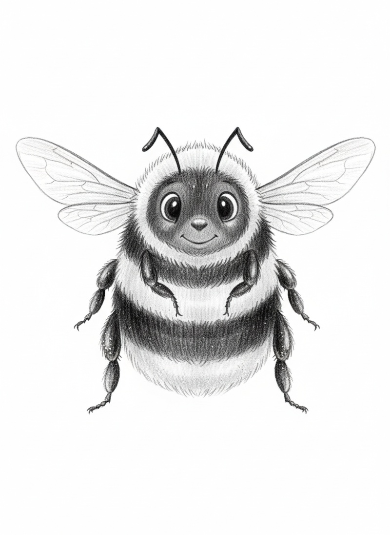 Buzz the Busy Bee in Gentle Pencil - Black & White Illustration